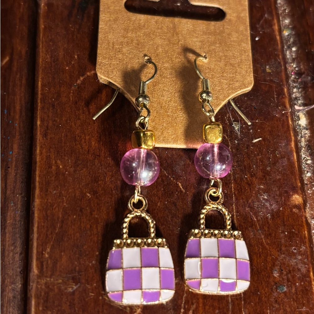 Purple and Gold Handbag Earrings